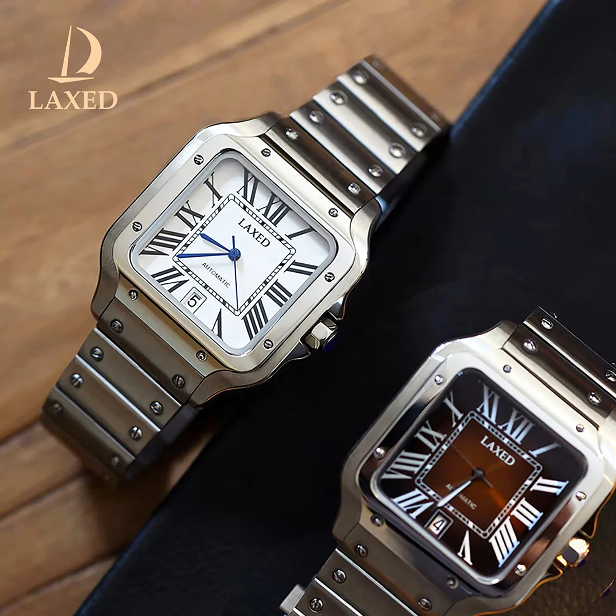 

LAXED Men's Square Automatic Mechanical Watch Roman dial Compatible with Santos series stainless steel waterproof NH35 Movement