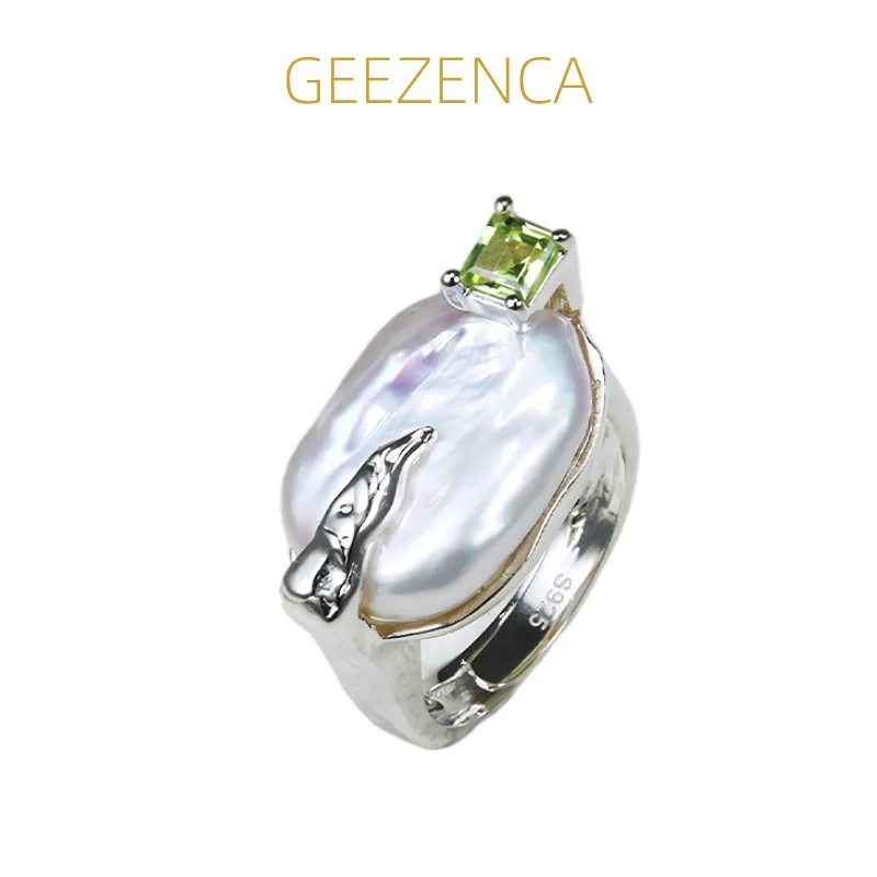

GEEZENCA натуральный жемчуг в стиле барокко, перидот, стерлинговое серебро 925 пробы, открытые кольца для женщин, уникальное модное массивное массивное кольцо, подарок на вечеринку
