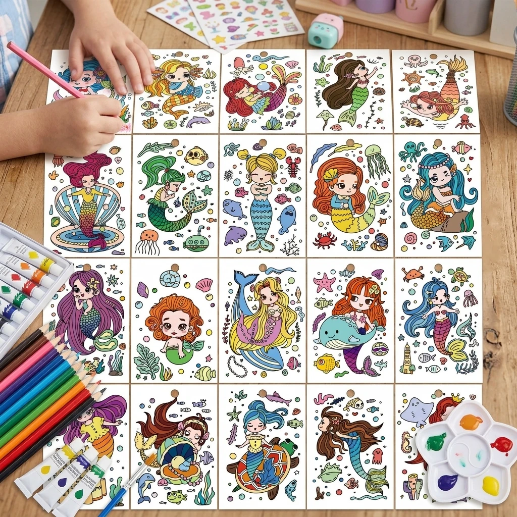 Children Coloring Cards Set 20PCS Mermaid Theme DIY Art Painting Kit For Kids