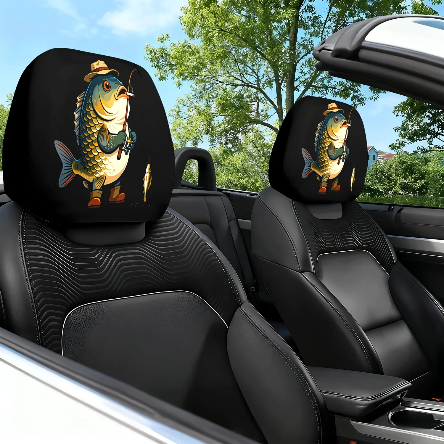 2pcs Car Headrest Covers with Fishing Cartoon Fish Themed Print Pattern, Car Seat Cushion Headrest Neck Pillow Protector - Fea