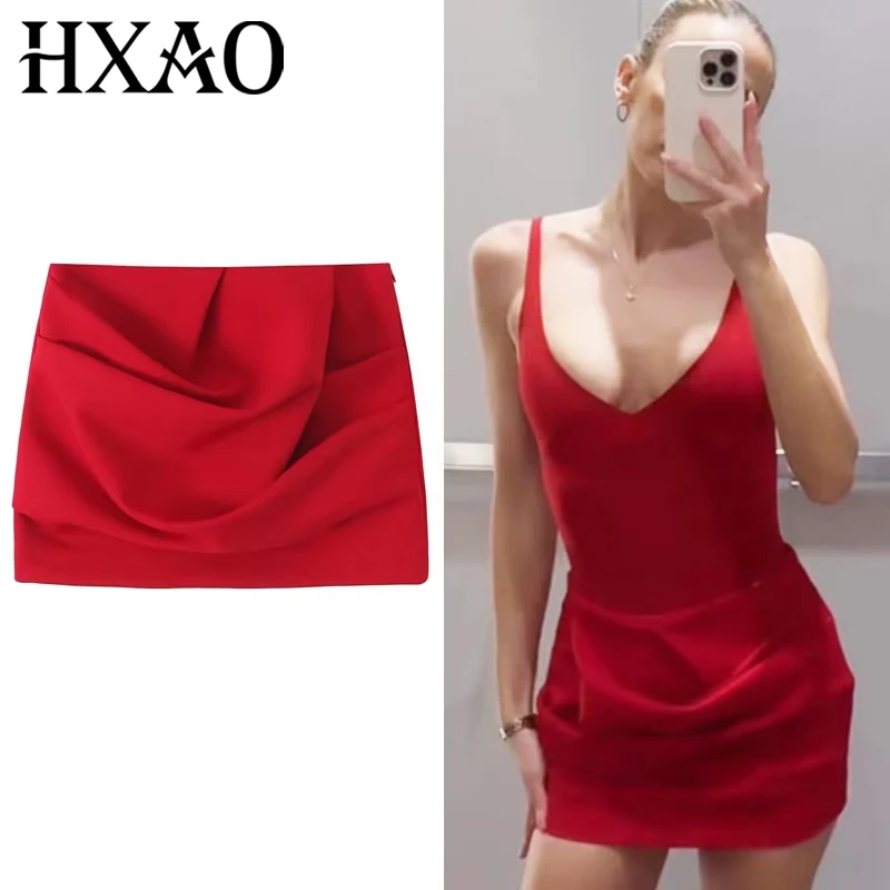 

HXAO Women's Skirt Ruffle Red Skirt Summer 2025 Woman Mini Ruched High Waist Skirt Wrap Pleated Skirts Elegant And Fashion Skirt