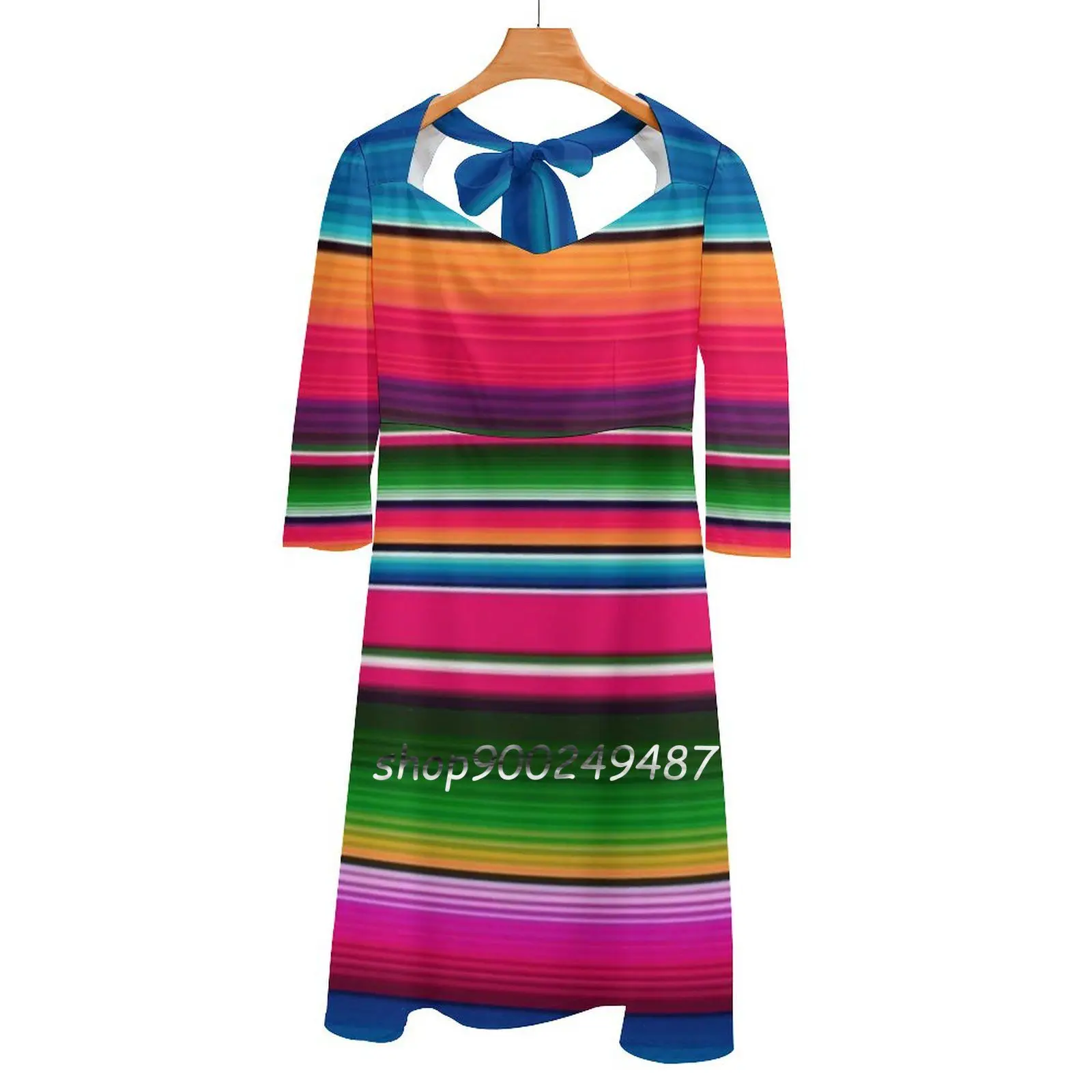 Mexican Blanket Striped Fiesta Serape Square Neck Dress New Plus Size Elegant Women Waist Tight Dress Fiesta Party Fiesta