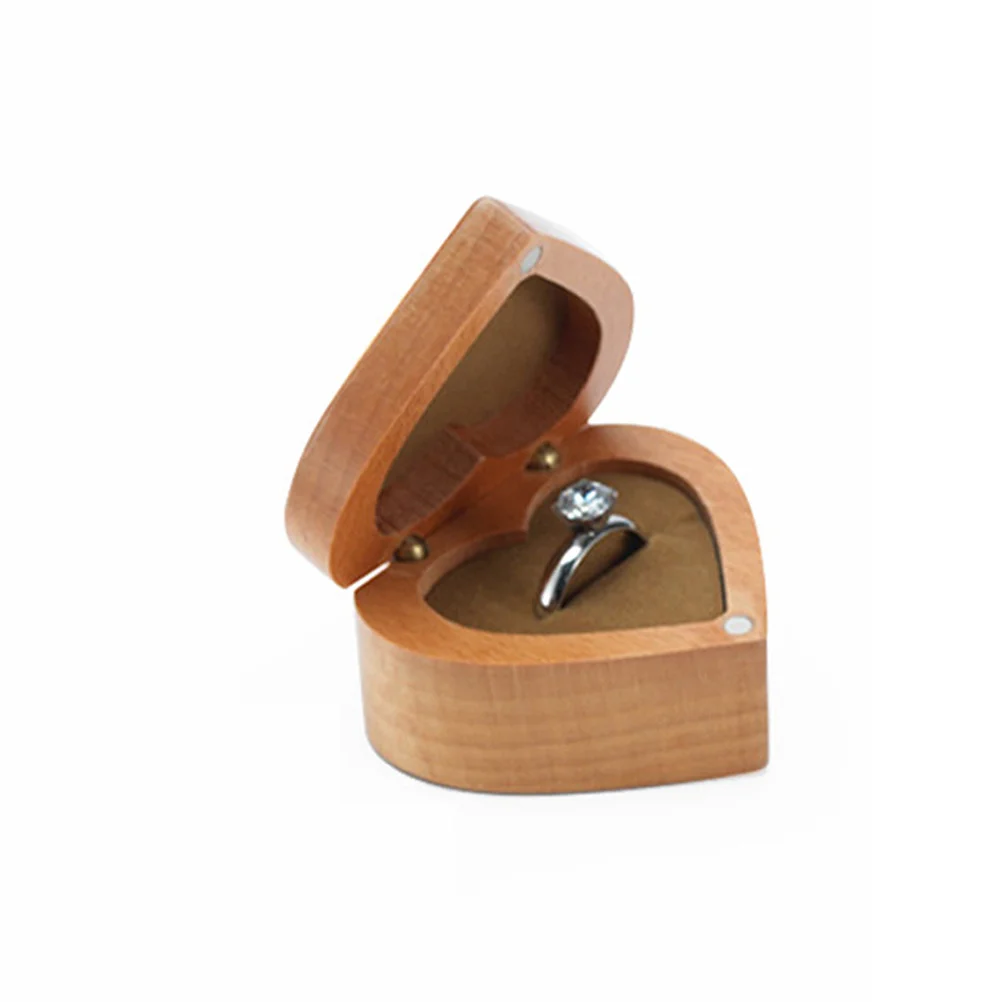 Heart Shaped Wooden Ring Box Beech Vintage Jewelry Storage Case Wedding Engagement Ring Holder Compact Travel Small Jewelry