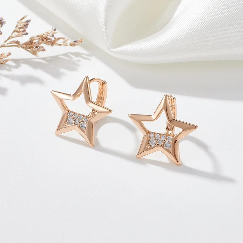 SYOUJYO Half-empty Pentagram Pierced Earrings For Women 585 Gold Color Cute Jewelry Shiny Cubic Zircon Inlaid