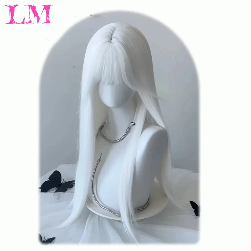 LM Long Water Wave Wig with Bangs White Colorful Cosplay Wig for Women Daily Party Natural Soft Synthetic Hair Heat Resistant