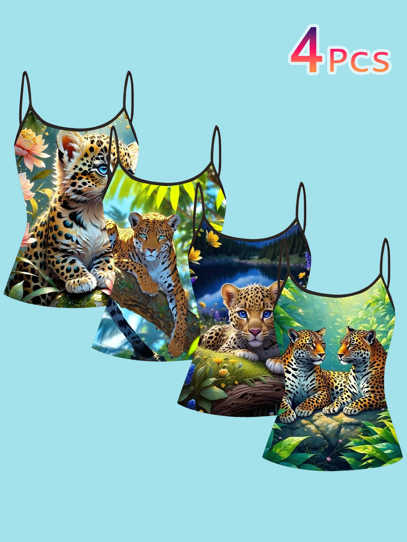4-Piece Set of Women's Cute Leopard Floral Forest Print Spaghetti Strap Camisole Slim-Fit Base Layer Tops