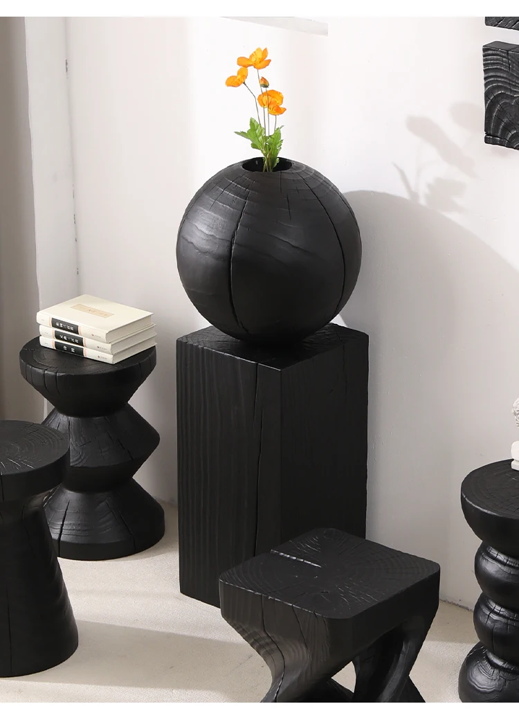Wabi-Sabi Charred Wood Side Table Handcrafted Tree Stump Stool with Natural Texture Bedside Coffee Table for Home Decor