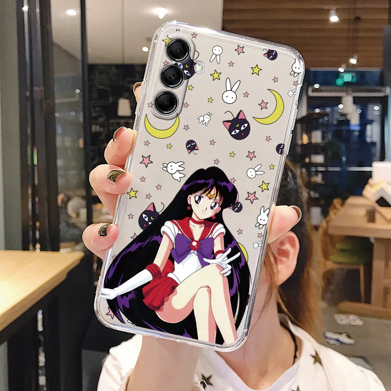 Capas transparentes do telefone do silicone, tampa clara de Shell, desenhos animados do anime, marinheiros, luas, coelho, menina, gato, Samsung Galaxy A15 5G, A25, A35