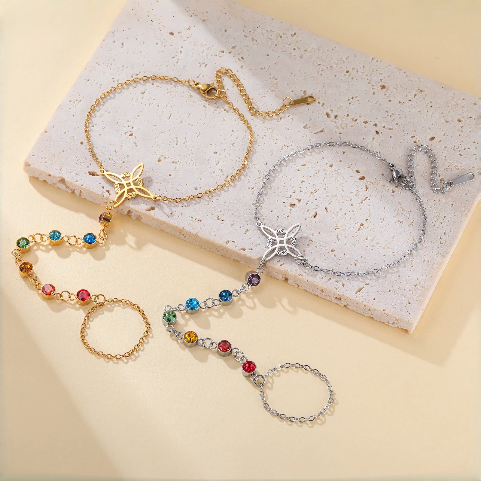 Unift سوار عقدة الساحرة مع خاتم الفولاذ المقاوم للصدأ سوار المرأة موضة سوار الزركون الملون مع خاتم هدايا لصديق #3