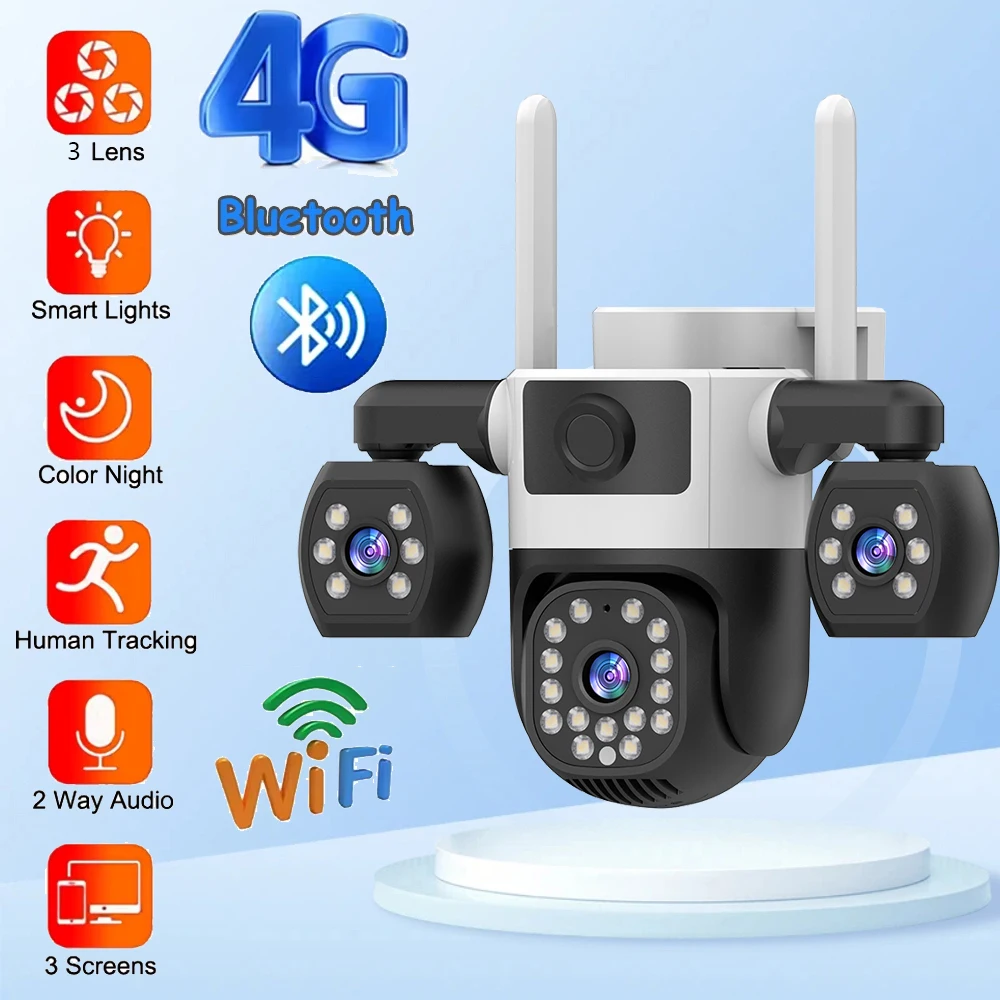 

Video Surveillance Camera 4G Three Lens Monitor Night Vision Security Protection Outdoor CCTV Auto Tracking 15MP WIFI IP Cameras
