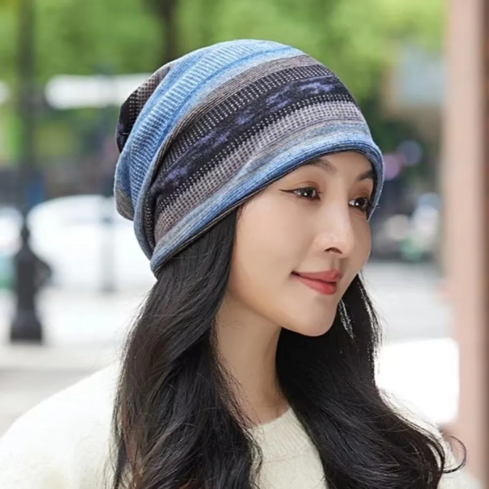 Contrasting Colors Pullover Hat Stripe Print Multifunctional Turban Hats Scarf Pullover Hat Keep Warm Women's Pile Hat