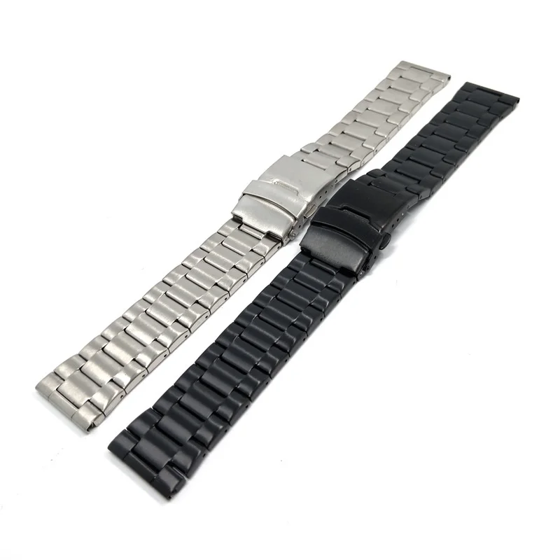 20mm 22mm Three-bead Stainless Steel Watch Band Metal Strap Folding Buckle Wristband Universal Women Men Bracelet Accessories