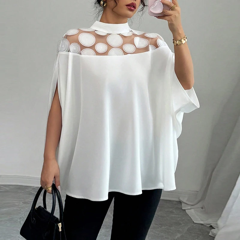 ファッション エレガント ドット シースルー ハイネック トップス レディース ブラウス 2025 新作 春夏 カジュアル 無地 ルーズ 半袖 シャツ