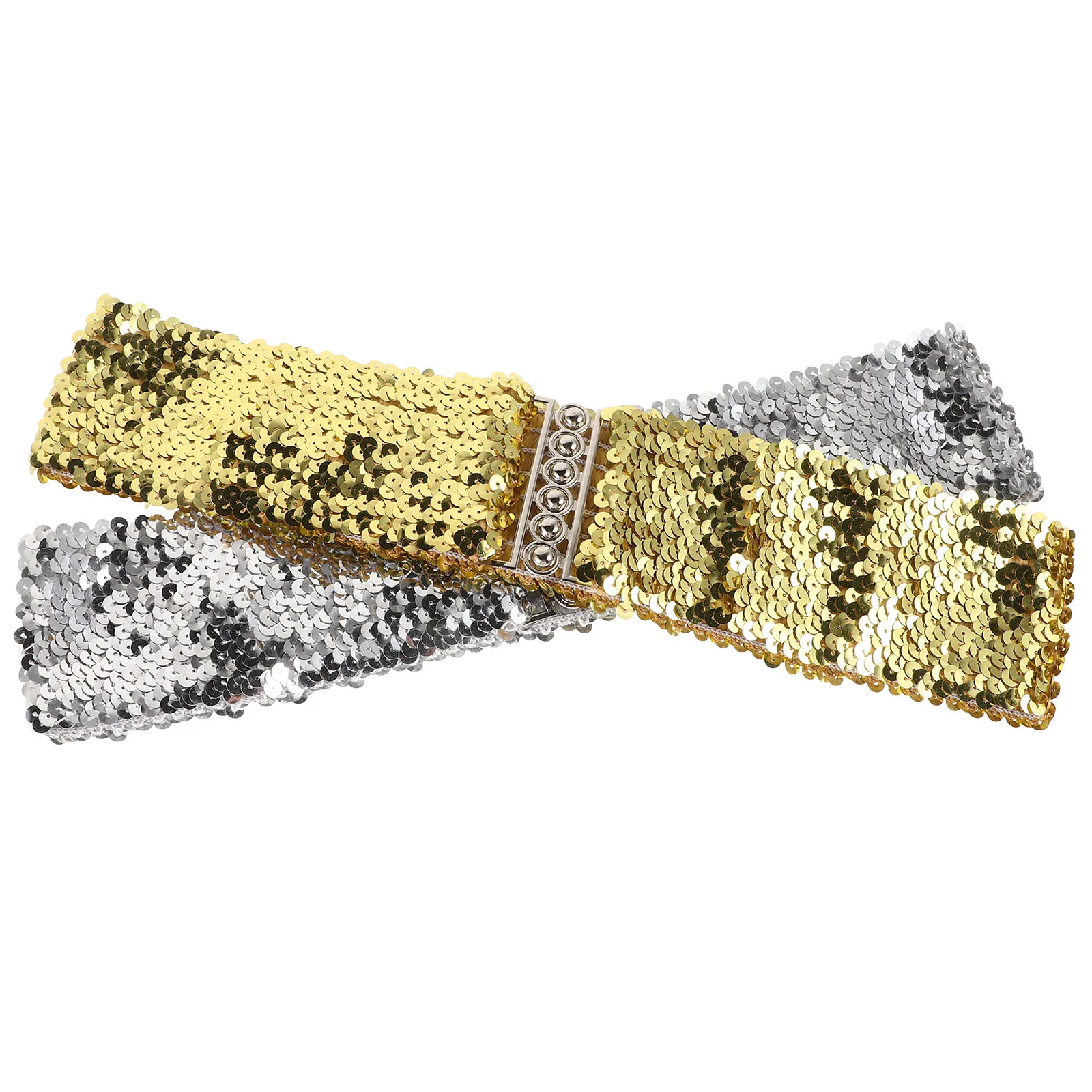 

2pcs Sequin Belts Wide Gold Elastic Waist Belt Set For Women for Women Stretch Black Silver Cinch Buckle 70s Costume