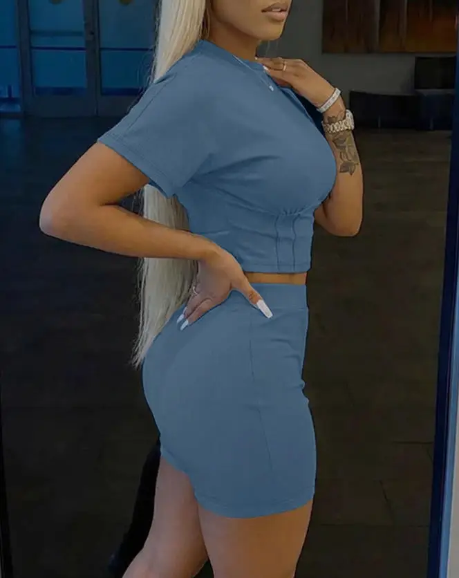 

Two Piece Set Women Outfit 2026 Spring New O-Neck Short Sleeve Cinched Waist Crop Top & Elastic High Waist Slim Fit Shorts Set