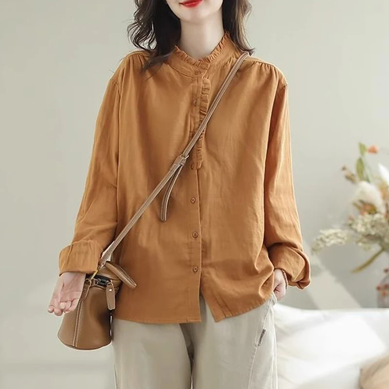 2024 Spring Autumn Women\'s Vintage Simple Casual Button Up Shirt Ruffled Long Sleeve Cotton Linen Blouse Female Solid Loose Tops