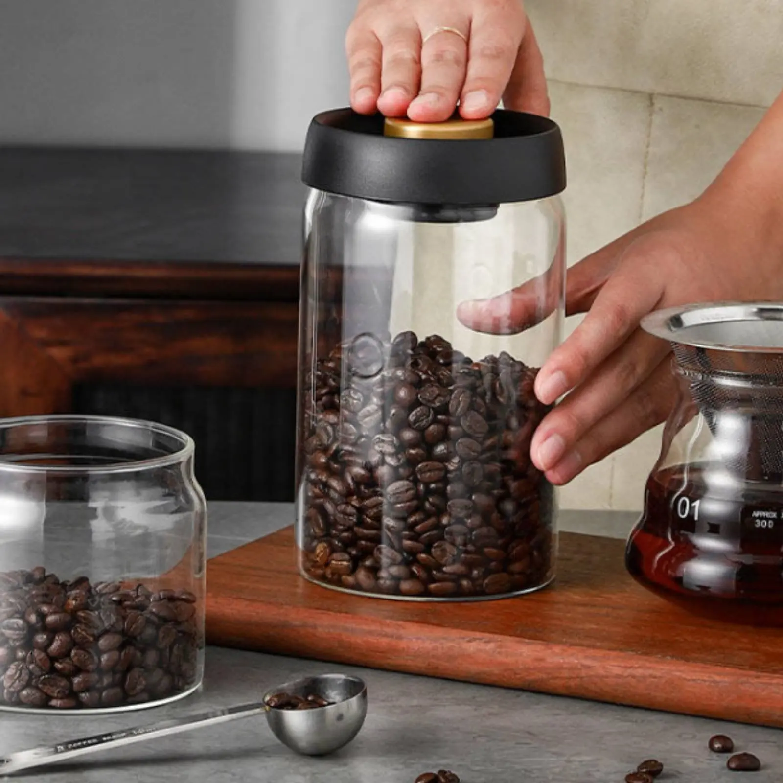 Coffee Bean Storage Jar Wide Mouth Vacuum Sealed Canister Airtight Glass Container Easy to Clean for Pantry view 4