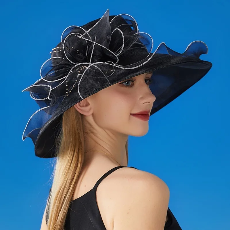 Elegant European Women Sun Hat Transparent Hard Big Lace Decorative Outdoor Hat for Special Events