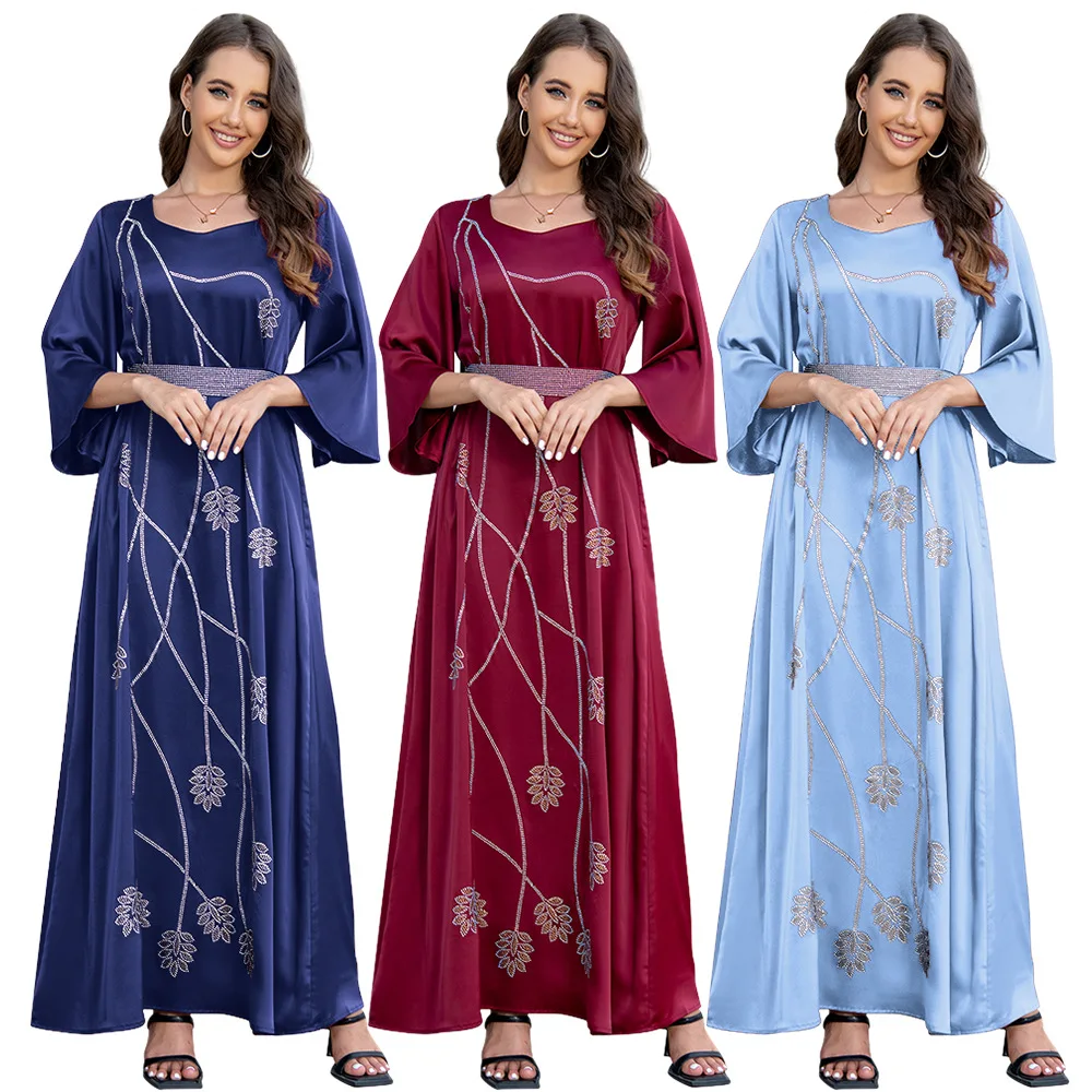 

Muslim Abaya Leaf Pattern Diamond Dress Belt Dubai Robe Arabic Turkish Kaftan Vestido Longo Feminino Islamic Clothing for Women