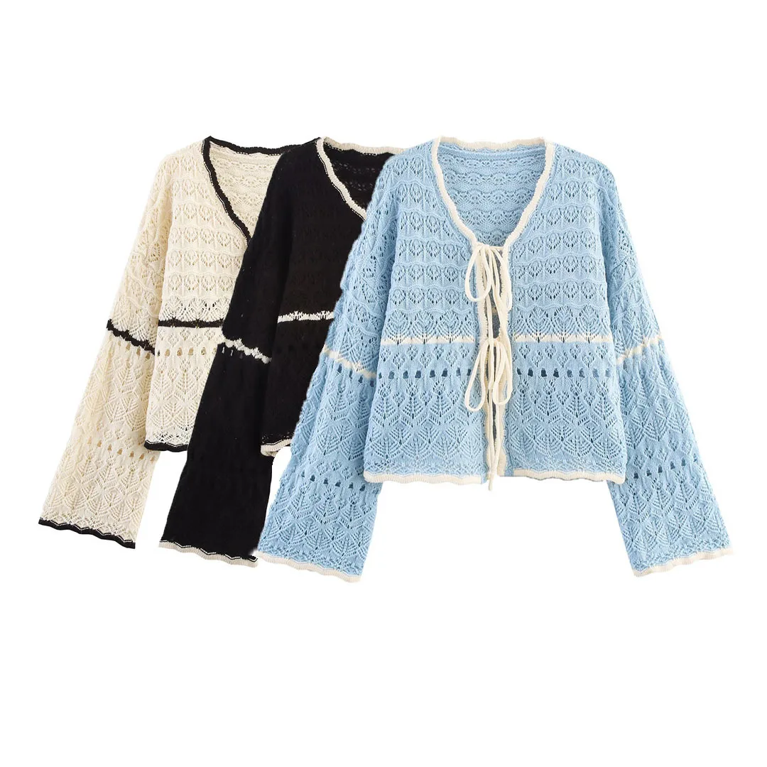 

Осень 2024, женский свитер, топы, праздничный богемный полый вязаный кардиган контрастного цвета с волнистыми краями и шнурком, v-образным вырезом, длинными рукавами