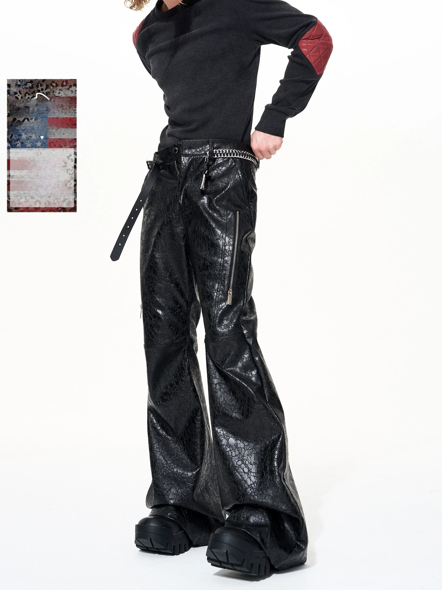 

Start Exceed End Men's PU Leather Flared Pants Metal Zipper Dark Texture Autumn Winter Youth Casual Fashion Windproof Teens