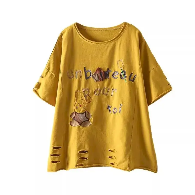 

Хлопковые футболки для женщин: модные оверсайз топы с коротким рукавом, летний тренд, корейская мультяшная вышивка, с отворотами и прорезями, повседневные