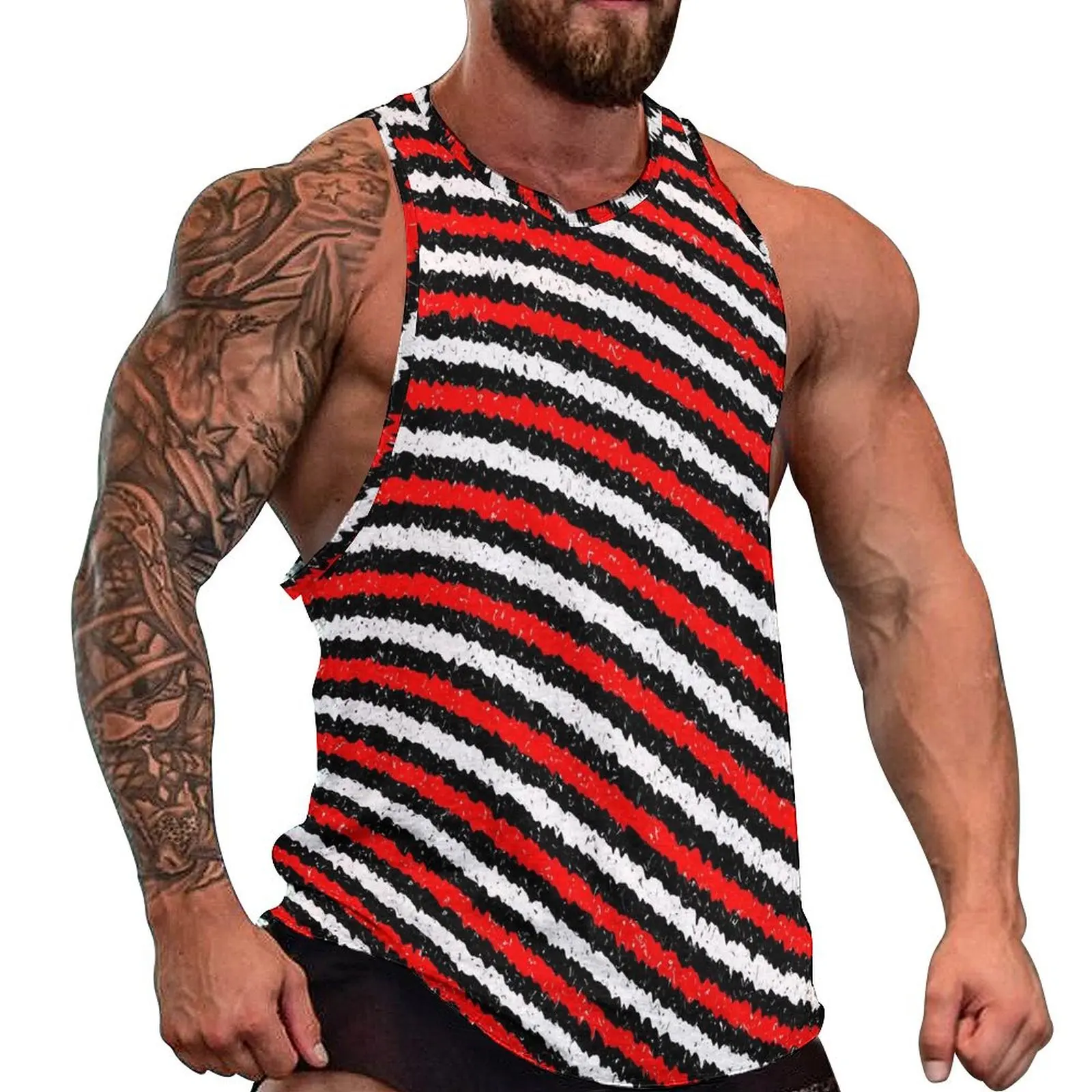 Speckled Red Black And White Striped Tank Top Man  Tops Summer Design Workout Sportswear Oversized Sleeveless Shirts