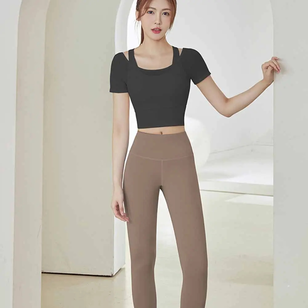 

Fake Two Pieces Short Sleeve Women Yoga Shirts Fake 2 Pieces Padded Fitness Sportswear Breathable Crop Top Sports Tees Exercise