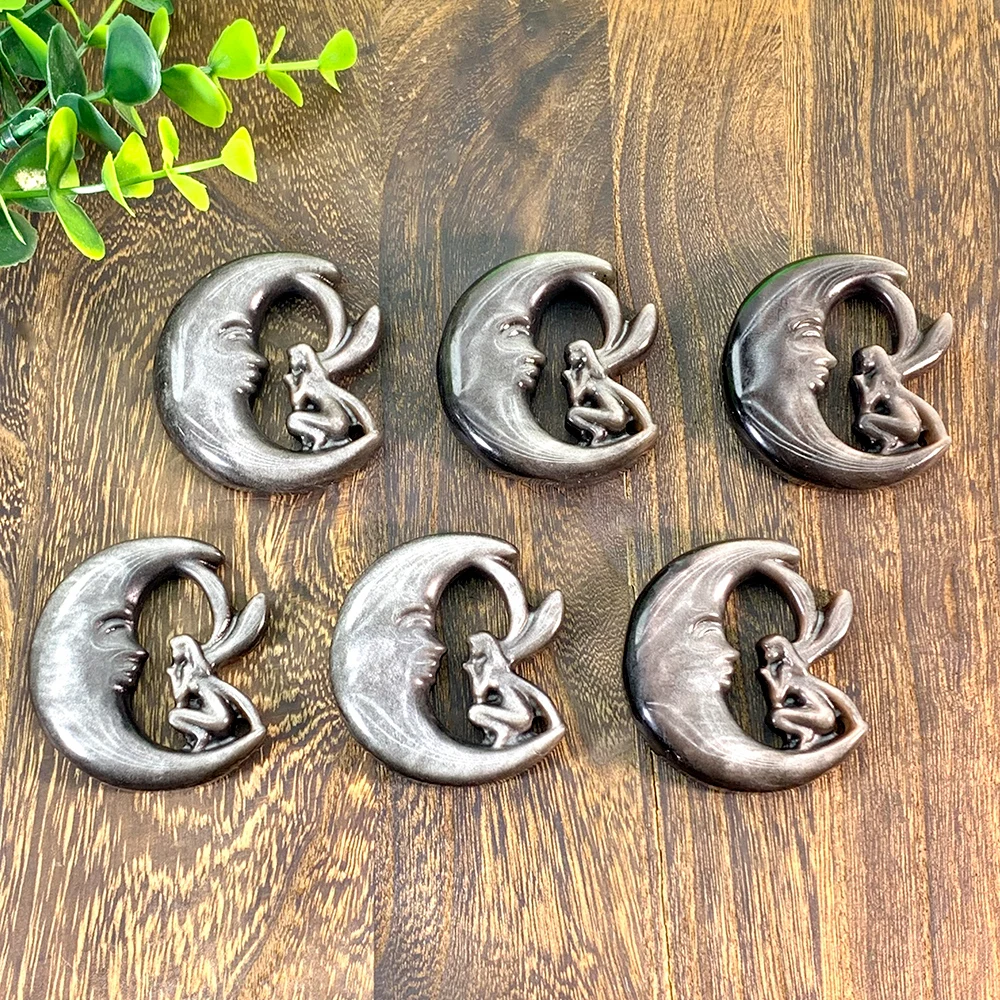 1pc Natural Silvery Obsidian Moon Fairy Crystal Carving, Handcrafted Healing Gemstone Craft, Reiki Charged Decorative Accent