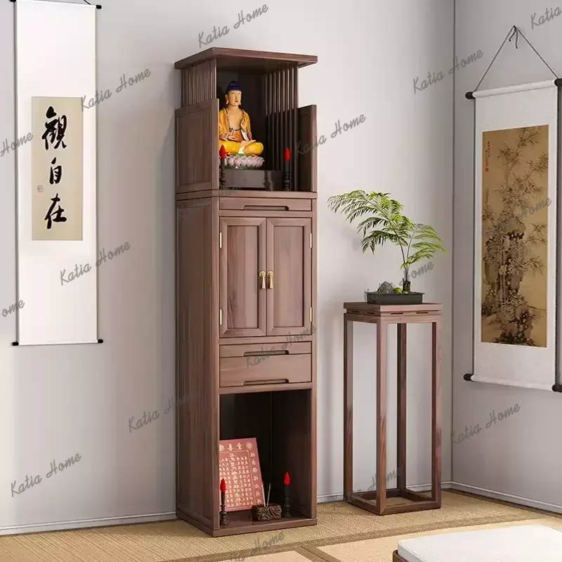 PG new Chinese solid wood altar cabinet double-layer household black walnut vertical cabinet Buddha cabinet