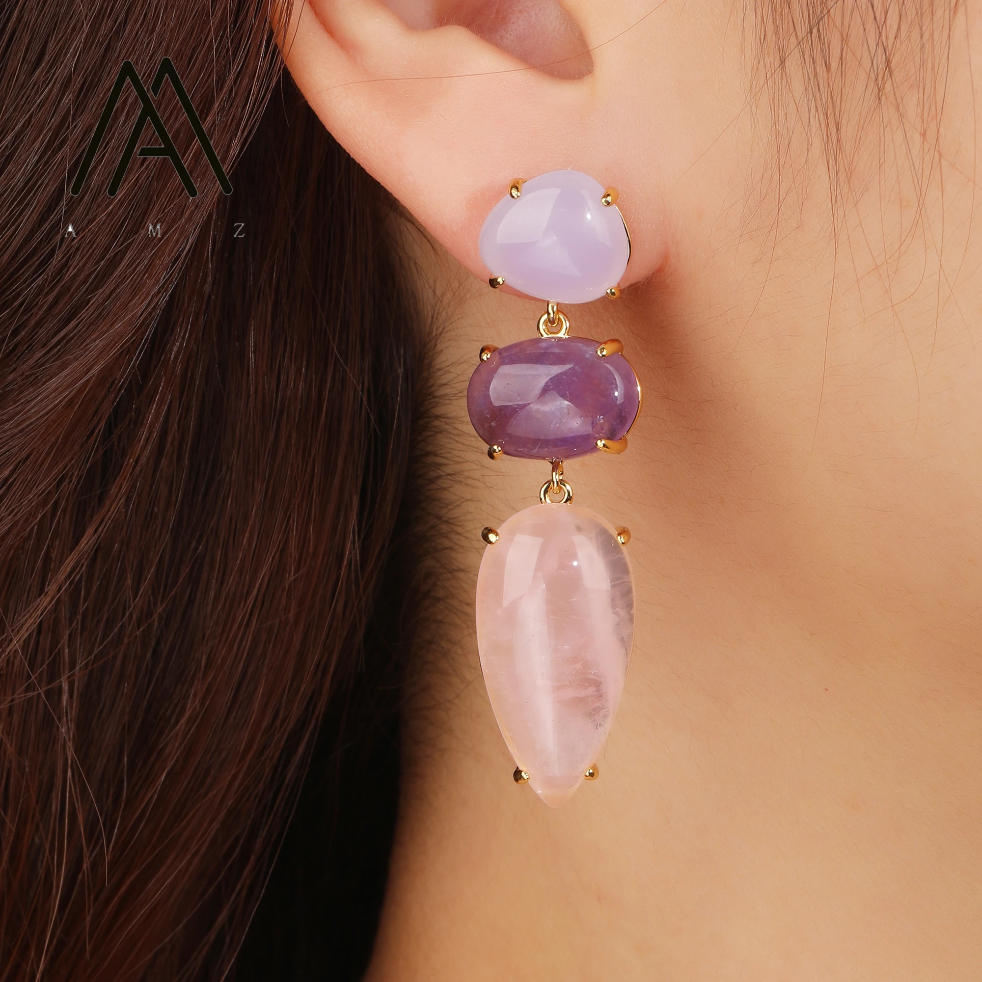 Natural Rose Quartz Women's Earrings Gemstone Pendant Earring Elegant Fashion Gold-plated Jewelry Wedding Jewel Gifts for Girls