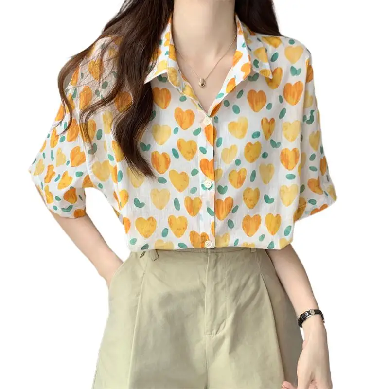 

Summer Elegant Harajuku Cotton Linen Oversized Shirt Short Sleeve heart Print Loose Blouses Tops Casual Oversized Tunic Clothing