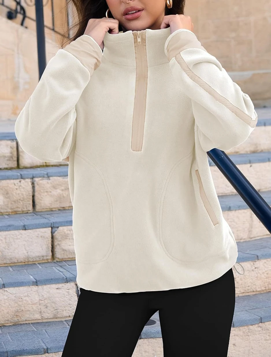 

Women's Zipper Sweatshirt Hoodie Long Sleeve Stand-Up Neck Pullover Casual Color Matching Top with Pocket