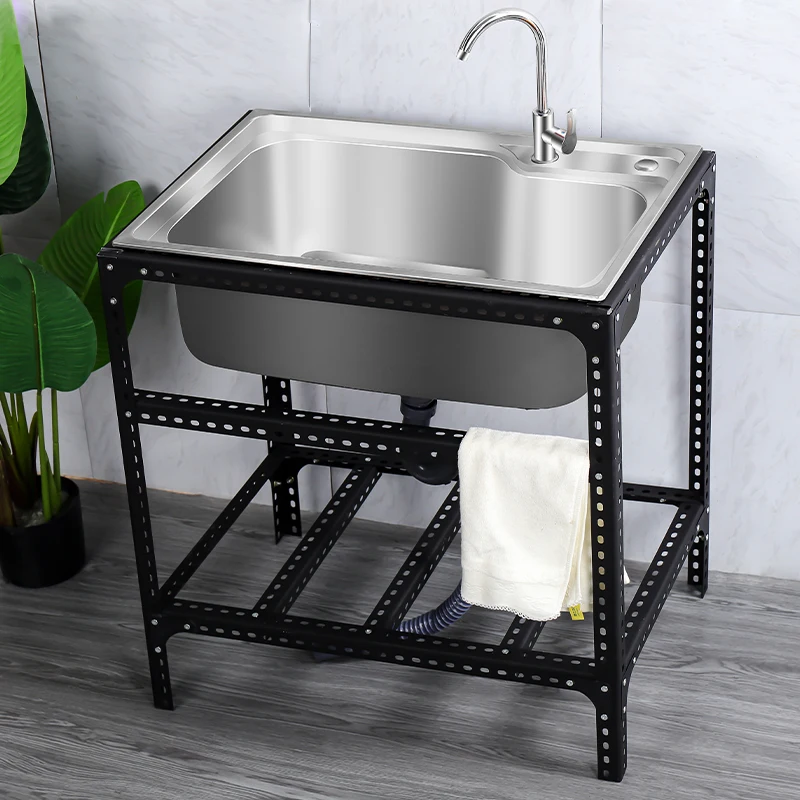 High-End Fabricated Outdoor Free Standing Stainless Steel 304 Thicken Wash Basin Kitchen Sink with Bracket