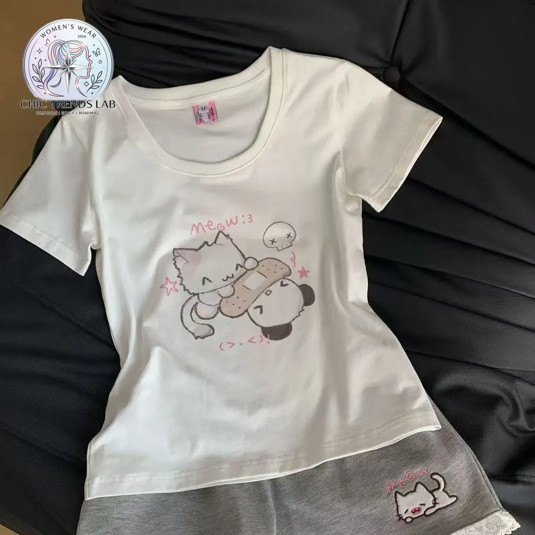 Kawaii Cat Anime Graphic T Shirt Lace Trim Shorts Set Women Y2K Loungewear Two Piece Pajamas Summer Soft Cotton Sleepwear Outfit