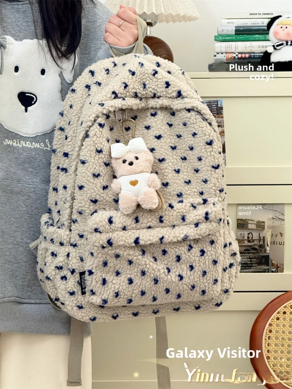 

Autumn Winter Plush Double Shoulder Bag for Girls Middle And High School Students College Students Travel Backpack Youth Style