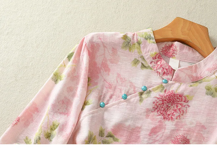 2024 summer new retro Chinese cotton and linen stand collar loose floral diagonal bead button printed blouse women