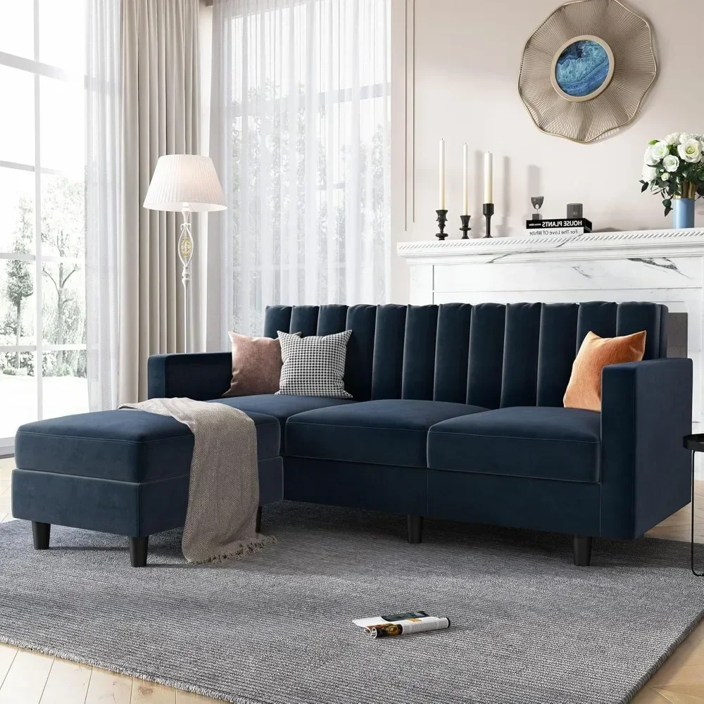 

Convertible L Shaped Sofa Velvet Sectional Couch with Reversible Chaise, L Shaped Couch with Ottoman for Small Living Room