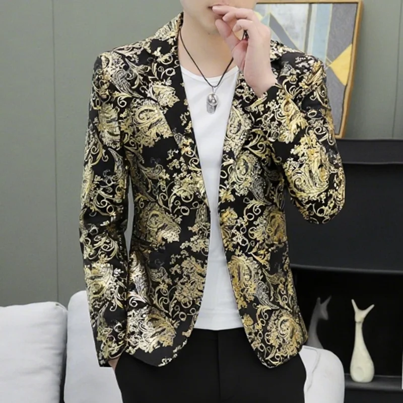 Modny męski garnitur slim fit z kwiatowym haftem, młodzieżowy, stylowy, z ukrytymi kwiatami, zachodni, długi płaszcz.