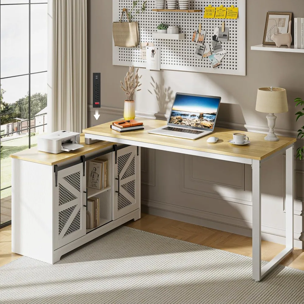 Rustic Corner Desk with Storage, L-Shaped Farmhouse Desk with Ample Storage Space, Built-In Electrical Outlet and Barn Door