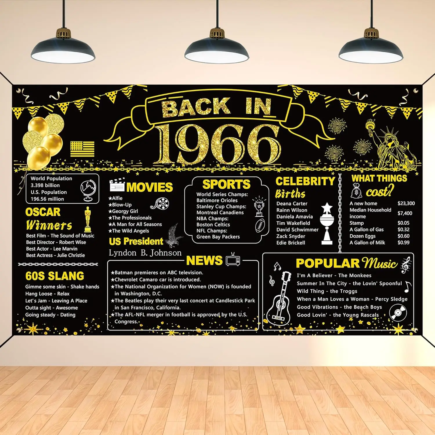 Decoración de fiesta de oro negro de 60 cumpleaños, cartel de espalda en 1966, suministros de carteles de fiesta de cumpleaños de 60 años, telón de fondo Vintage 1966