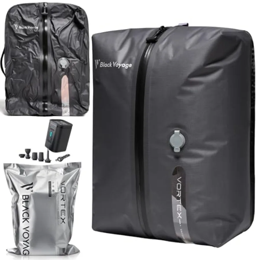 

Black Voyage Reusable Vacuum Compression Travel Bag for Carry-On Suitcase and Backpack, Recycled IP67 Waterproof Space Saver Va