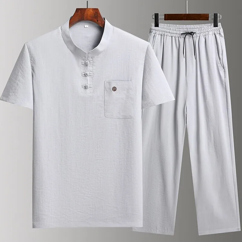 Chinesischen stil Shirts + Hosen sommer 100% Baumwolle leinen Sportswear männer Casual Sets Männliche Mode Chinesischen stil hosen