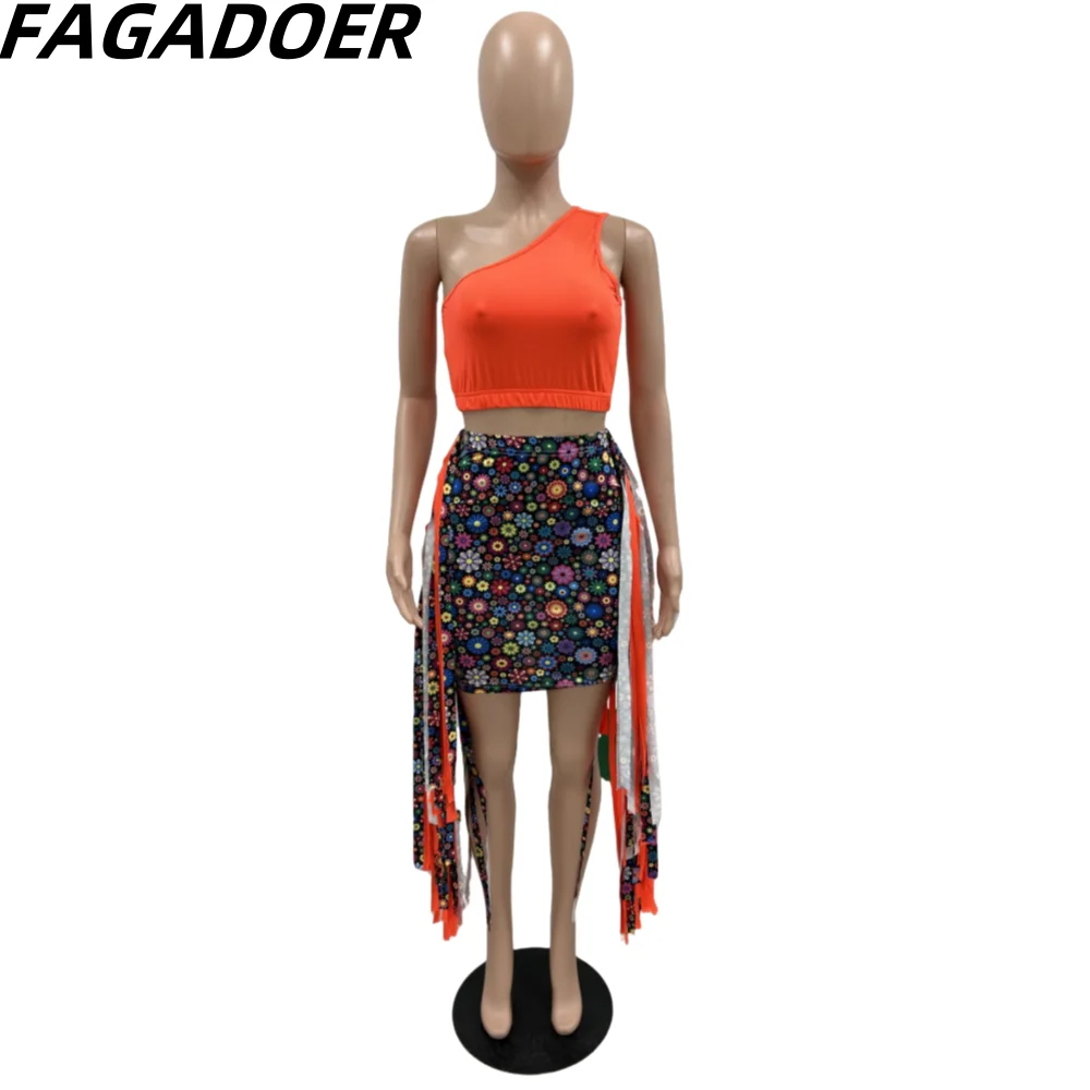 FAGADOER Summer Print Tassels Mini Skirts Two Piece Sets Women One Shoulder Sleeveless Crop Top+Skirts Outfits Fashion Clothing