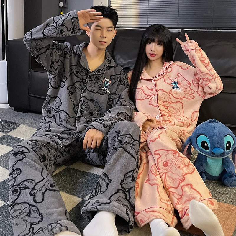 Disney Stitch Coral Velvet Winter Pajamas Men And Women With Velvet Two Piece Set Couple Pajamas Printed Embroidered Pajamas