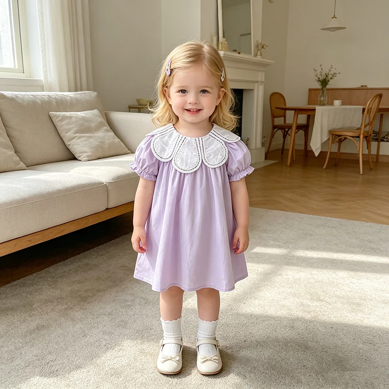 2026 Sommer Neu 2-6 Jahre Babykleid Mädchen Lila Prinzessin Puffärmel Koreanischer Stil Blütenblatt-Kragen Kleinkind Baumwolle Süßes Partykleid