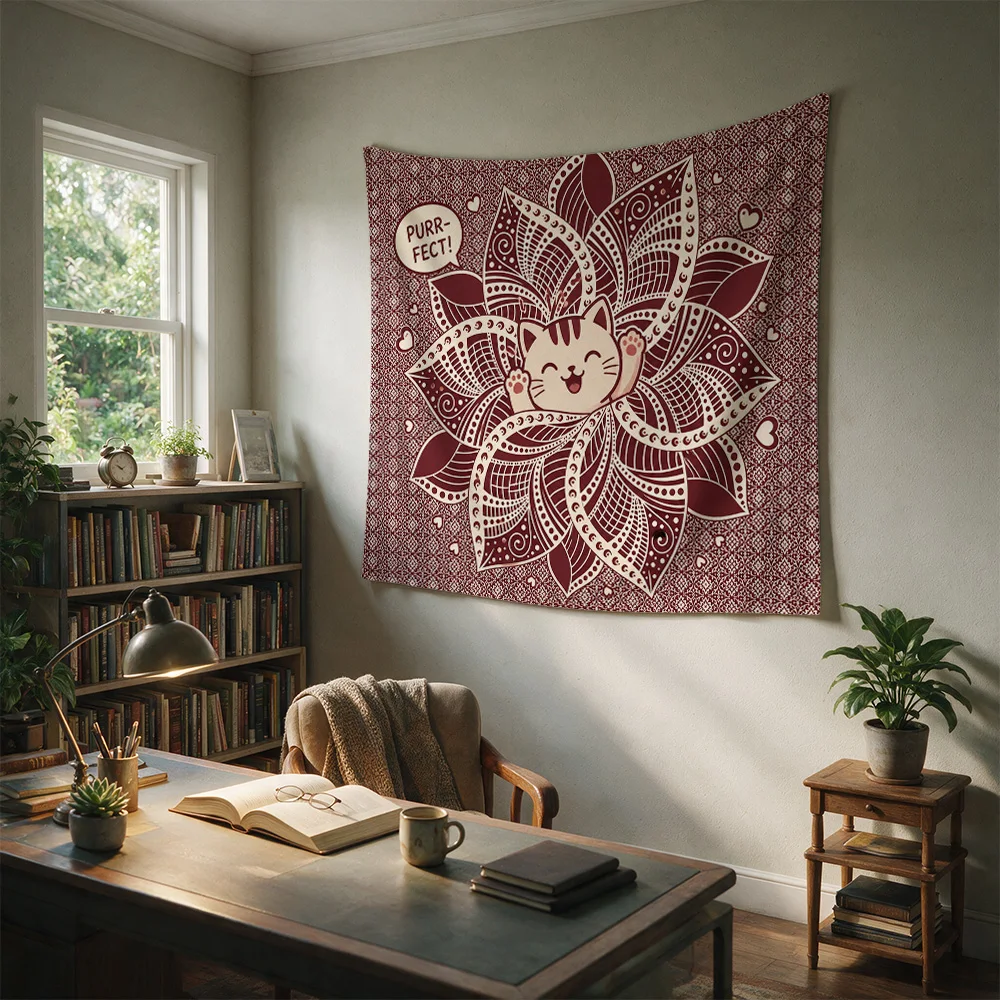 Cute Cat Floral Mandala Tapestry Wall Hanging Boho Nursery Decor Bohemian Living Room Art