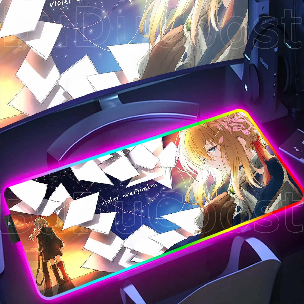 

RGB Anime Mouse Pad Violet Evergarden Desk Mats LED Gaming Multip Accessories Backlit Colored light XXL Computer Keyboard Carpet