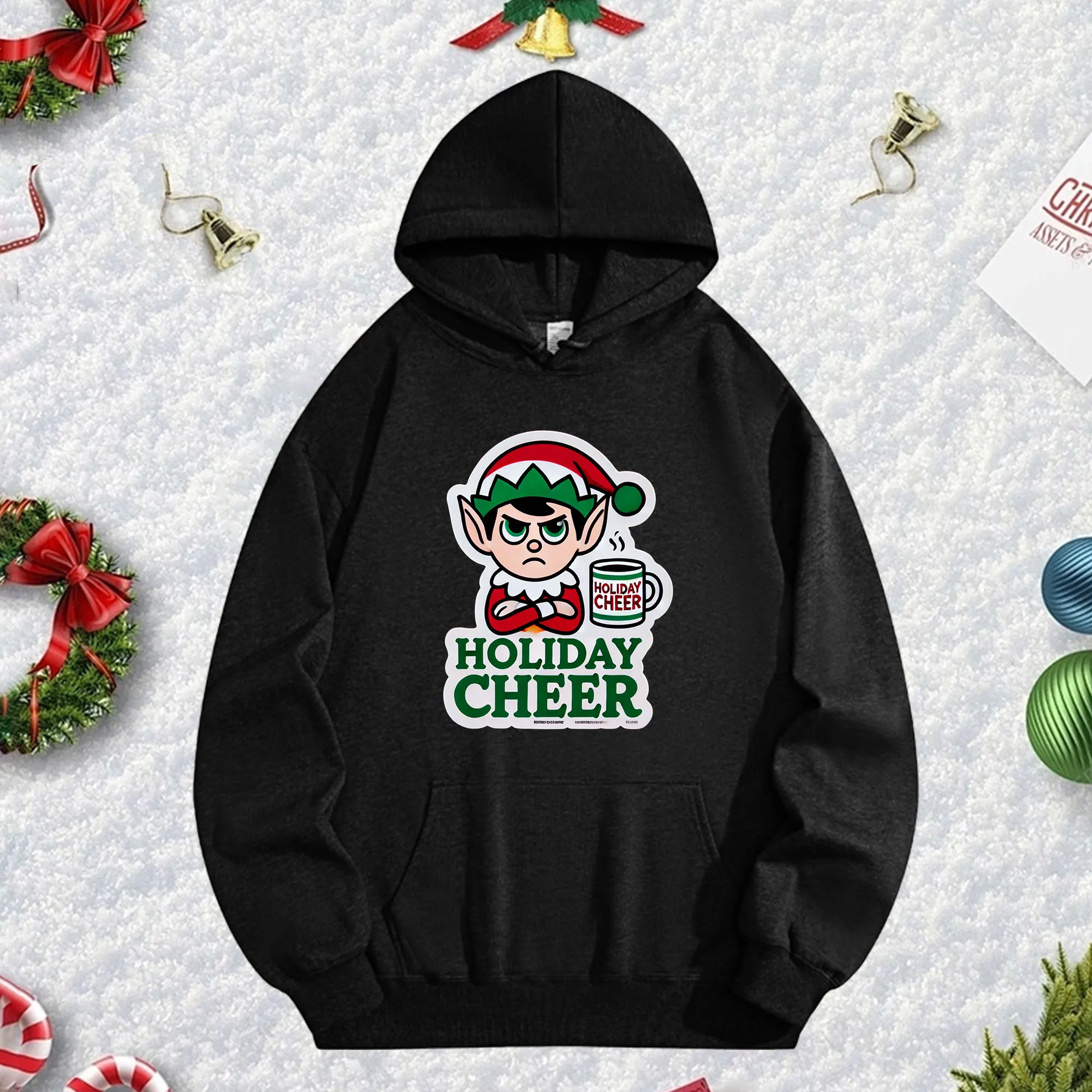 

Черная толстовка с капюшоном Coliday Cheer 270G для мужчин и женщин, уютный флисовый пуловер большого размера на осень/зиму, Рождество, Новый год