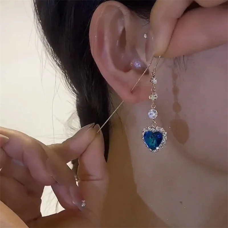 Exquisitos pendientes de circón en forma de corazón para mujeres y niñas, pendientes largos de lujo con borla, pendientes colgantes, regalos de joyería para fiesta y boda